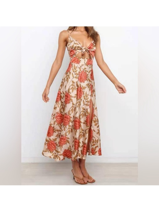 Petal & Pup Dresses & Skirts - Petal & Pup Coral Floral Tie-Front Midi Dress